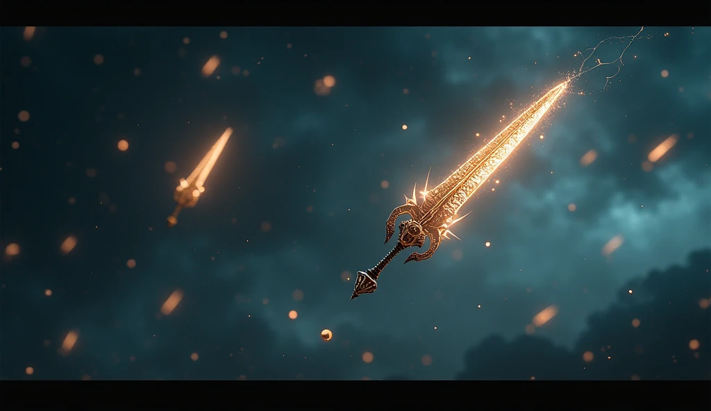 A starry night sky slowly darkening, with flashes of lightning illuminating ancient weapons suspended in the air. The camera slowly zooms into the weapons, each glowing with a unique aura.
