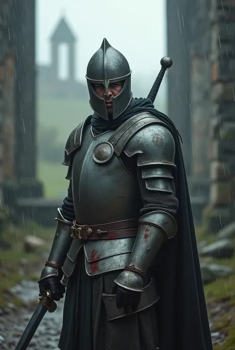 A gentleman from the Middle Ages with his sword, almost defeated by the battle, On a gray and rainy day, Cloudy with little sunlight. Your armor with wear and tear, The gentleman has his helmet on and a little blood on his left arm. Rest in the ruins of a ...