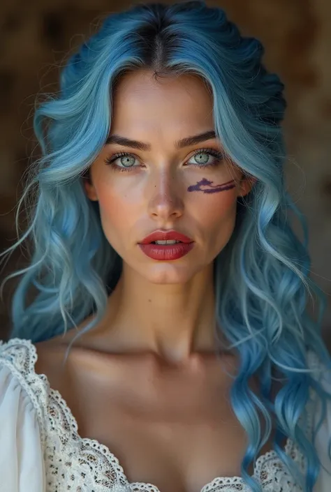 A woman of French origin, Queen of France whose hair is sky blue with black locks, soft as cotton candy and her skin is tan. Red lips and light purple eyes. With a scar that spans from her right eye to her right cheek. 