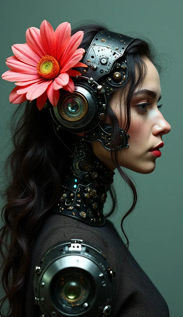 An artistic gothic composition that combines elements of biomechanics and BEAUTIFUL ITALIAN FEMALE MODEL. It depicts a profile view of a BEAUTIFUL ITALIAN FEMALE MODEL WITH LONG, SLIGHTLY CURLY HAIR, WITH A CACTUS FLOWER in her hair, with part of her face ...