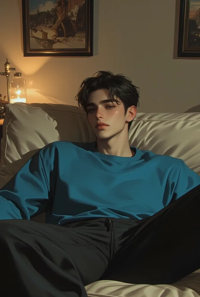 apartment scene, 30 year old asian man with short black hair and black eyes, japanese, casual wear with loose blue sweatshirt and black sweatpants. asian curved eyes, lying on a sofa. 