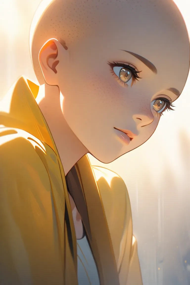 bald woman, with freckles on her nose, wearing a yellow overcoat, long legs, stylish clothes, gentle look, light brown eyes