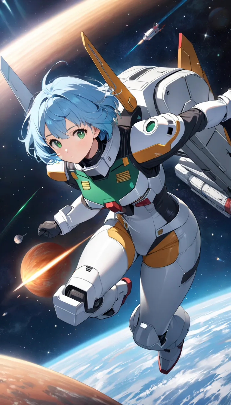 Highest quality、light blue hair、short bob、Deep green eyes、SMALLE BREASTS,Age 25, Cosmic Space、The cylindrical space colony、is wearing a Gundam pilot suit、 drifting through space