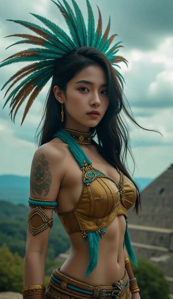 A seductive Aztec warrior goddess, her bronze skin adorned with intricate turquoise body paint. She wears a feathered headdress that glows with mystical power, and a revealing gold-plated armor that accentuates her toned curves. Her jade-green eyes sparkle...