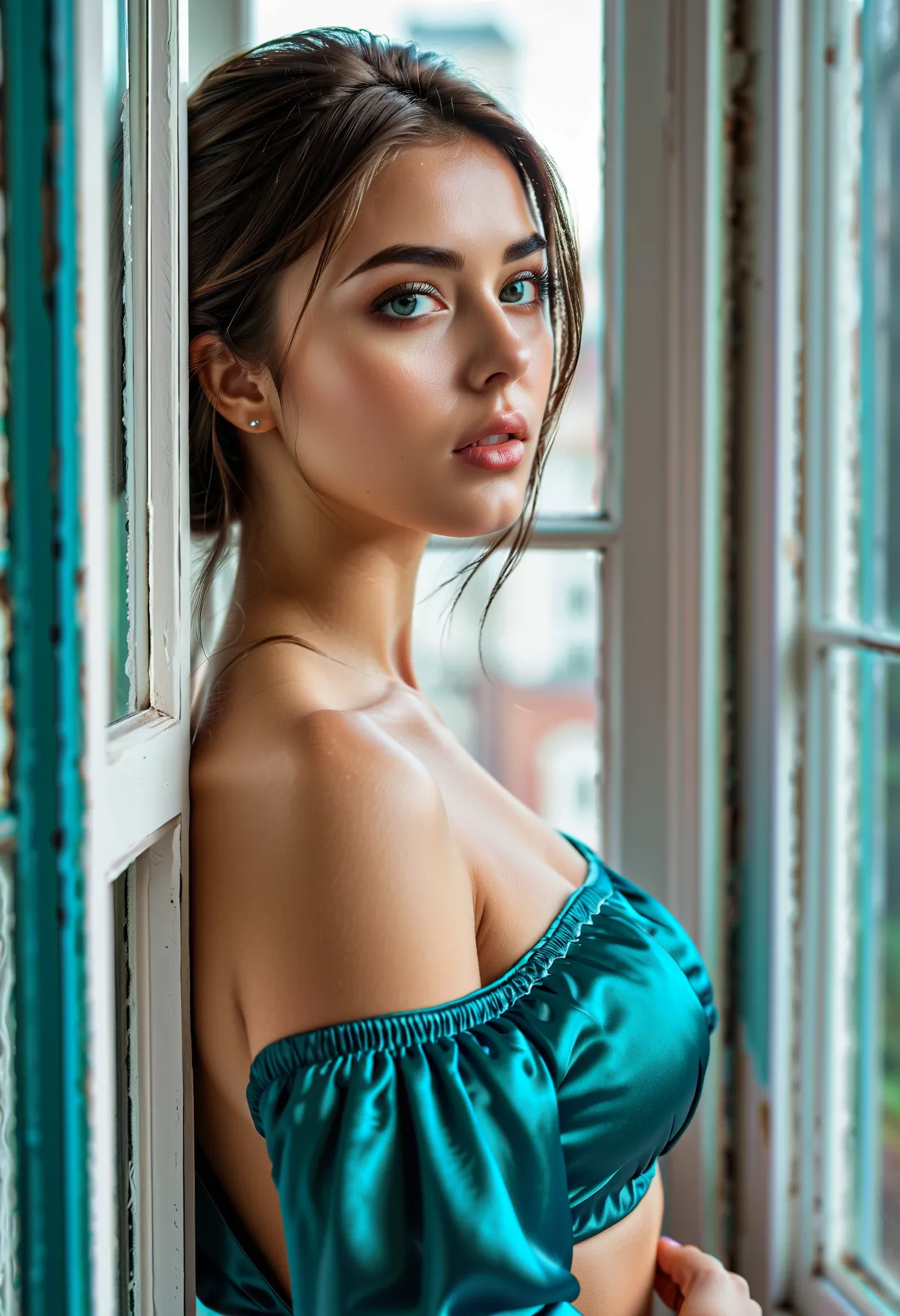 ( better quality, 4K, 8k, high resolution, Artwork: 1.2), (super detailed, realistic, Fotorrealistic:1.37)a young woman,  captivating ,  wears eye-catching teal nightwear,  stands in front of a window with an aura of toughness and determination.   your cha...