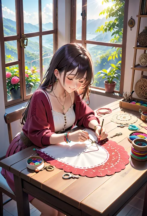 Create an image of a beautiful girl who is engaged in needlework from a cord. She is sitting at a table in a bright room, surrounded by colorful cords and needlework tools. Her hands gently weave the cord, creating a unique piece of jewelry or accessory. T...