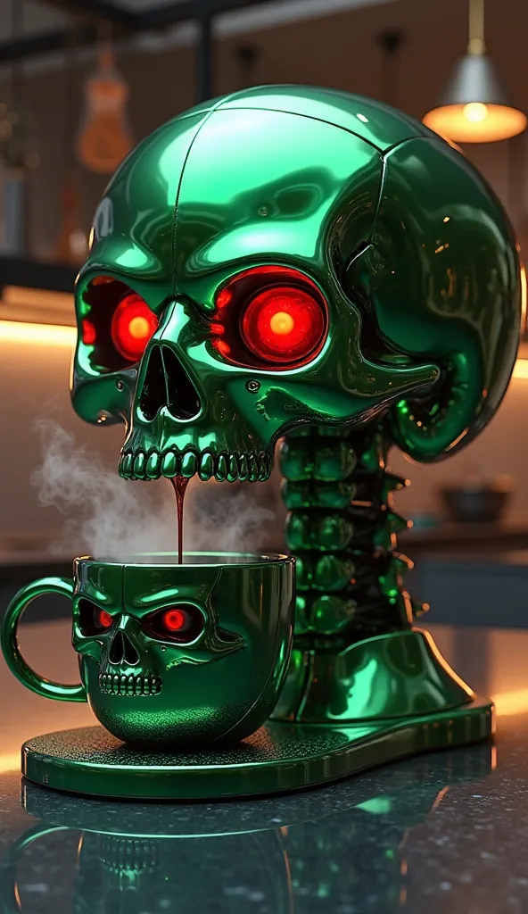 Ultra-realistic coffee maker shaped like a skull, with a bold, emerald green metallic finish and glowing neon-red eyes. The high-tech design has a sleek, futuristic look, seamlessly blending into a stylish modern kitchen. Dark, rich coffee flows smoothly f...