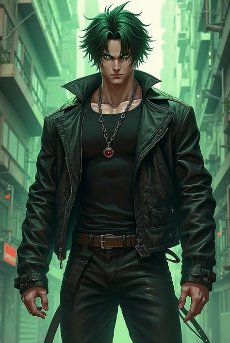 Men, Young your medium-dark hair your eyes as green as grass, and your strong physical size sweat black leather clothes with chains, anime!