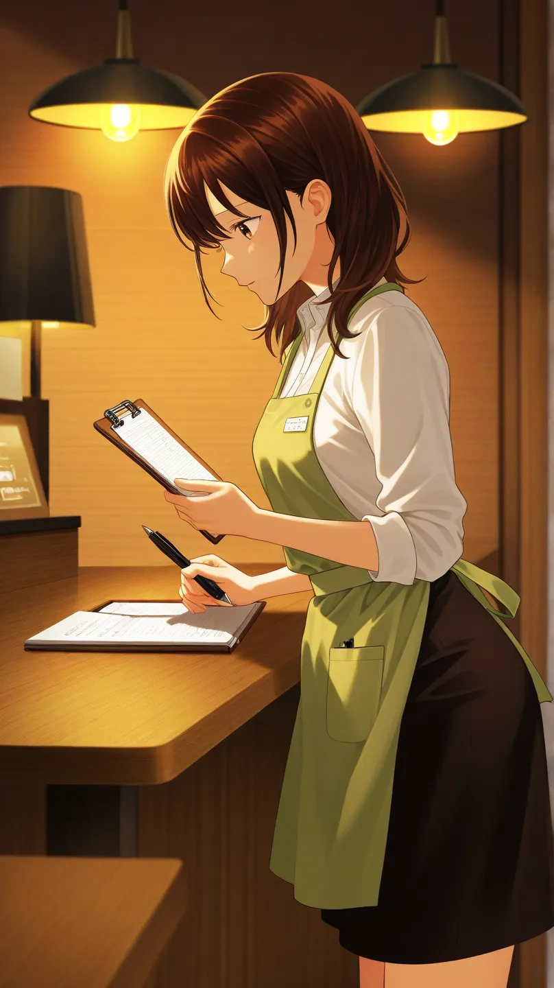 girl,faceless girl,short hair,waitress,standing girl,Waitress taking orders,waitress next to table,standing of table side,waitress girl's,not turn body,