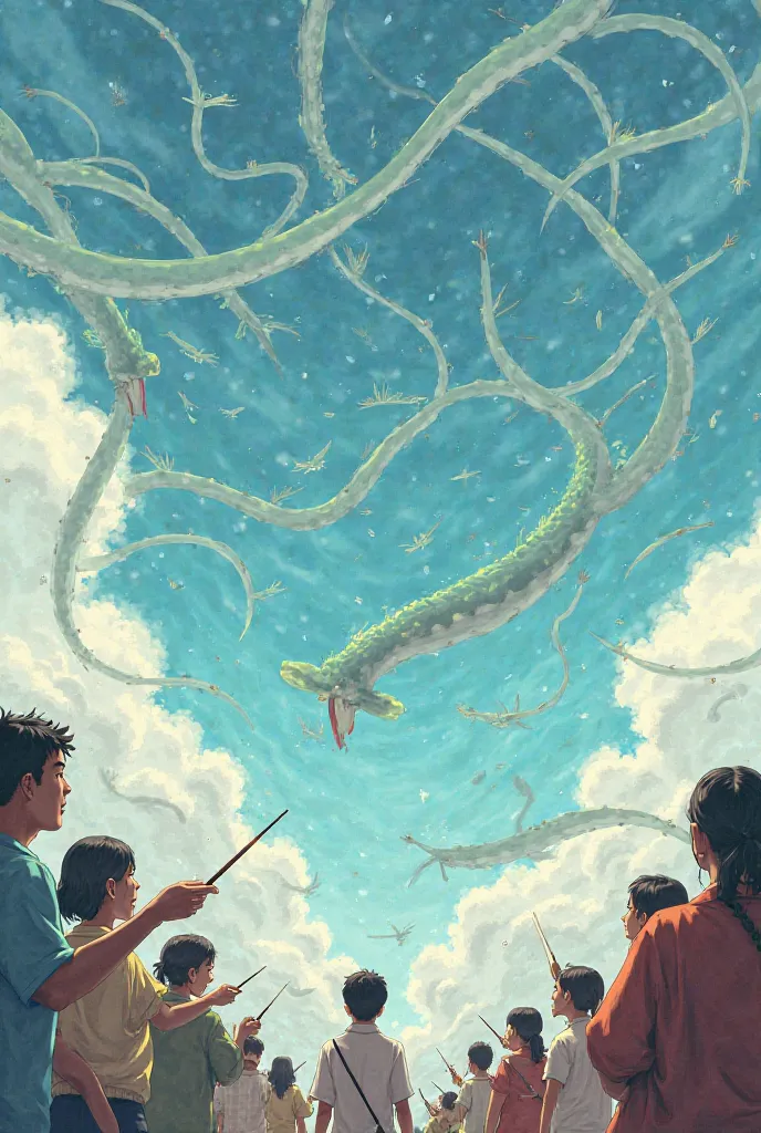 Picture of eels flying through the sky and people holding chopsticks to catch them