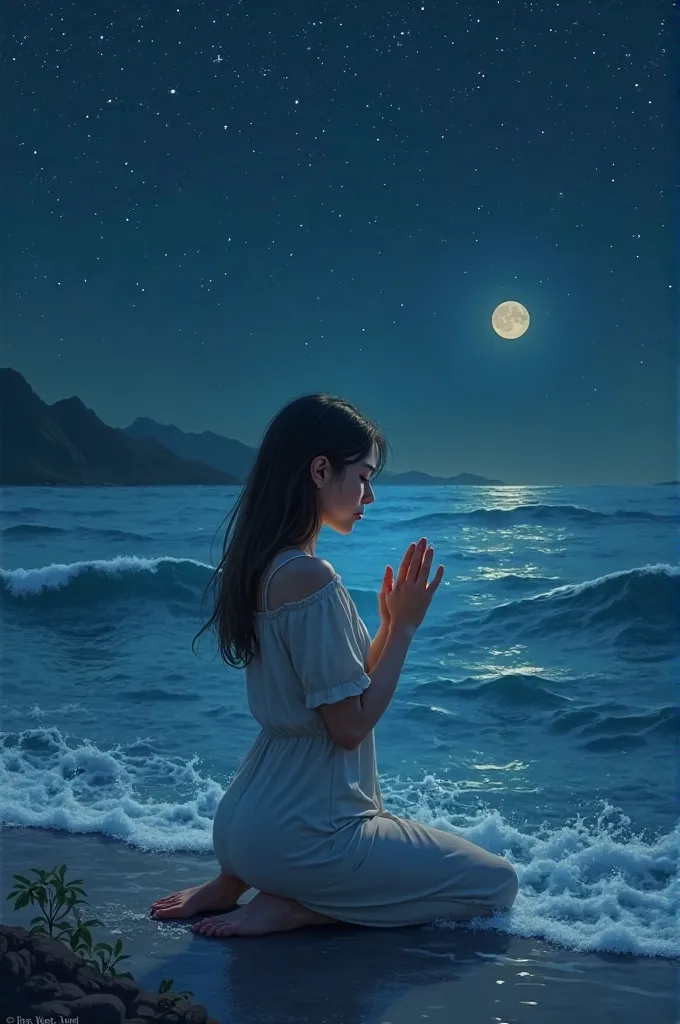 Woman on her knees praying at the seaside at night 