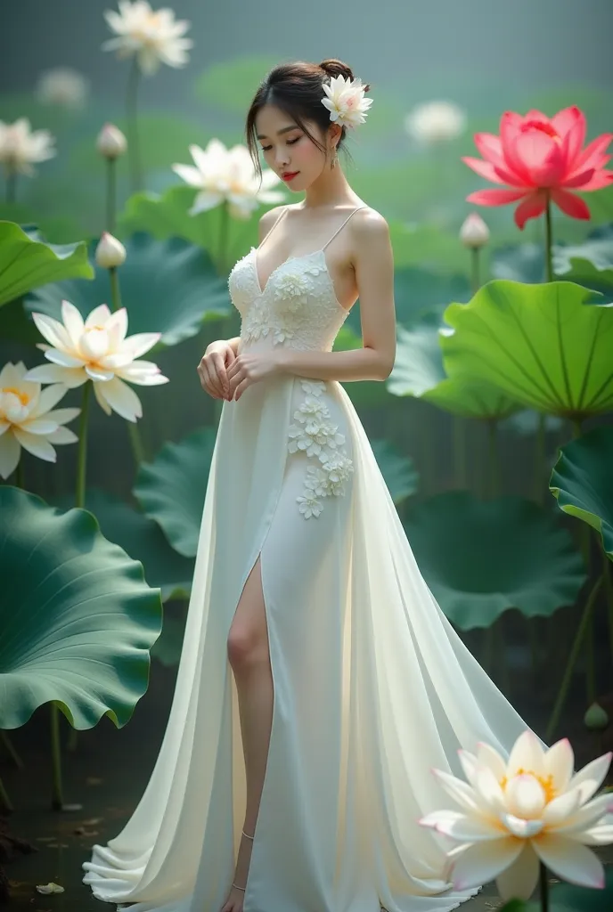 a woman in an elegant, flowing white gown adorned with floral designs. She is standing in a serene environment surrounded by large lotus flowers in various colors, including white and red, along with broad green leaves. The setting resembles a tranquil gar...