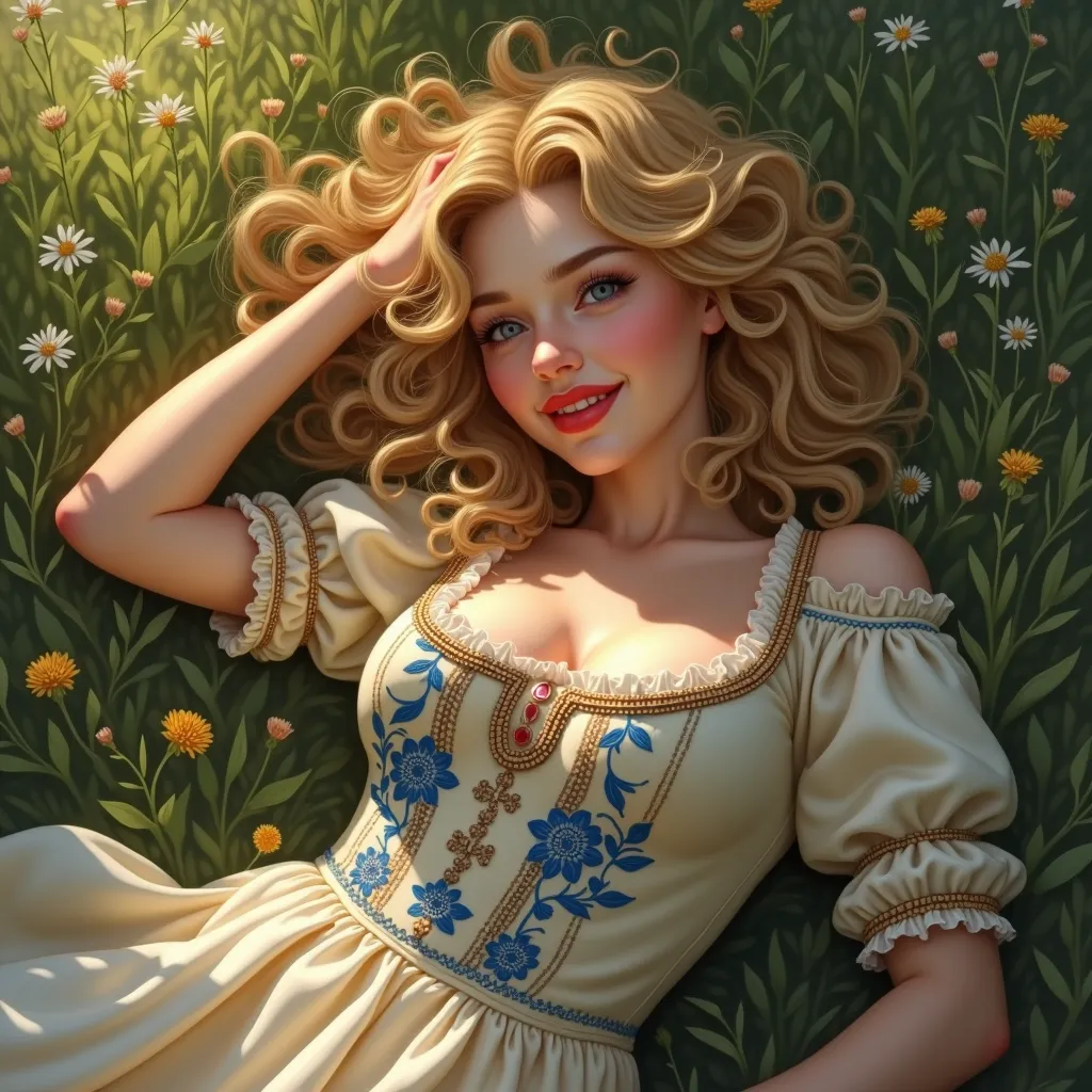 goddess Blonde Woman laying on her back in Mountain meadow., Messy tight springy, kinky curly Hair,, Pale Skin, Red Lips, Dress Wth Woodcut Patterns, Black Knee-Length Pleated Skirt Wth Blue Embroidery, Norwegian V Neck Sweater With Rosemaled Designs. Midr...