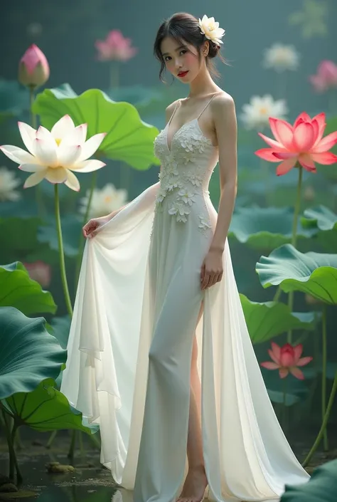 a woman in an elegant, flowing white gown adorned with floral designs. She is standing in a serene environment surrounded by large lotus flowers in various colors, including white and red, along with broad green leaves. The setting resembles a tranquil gar...