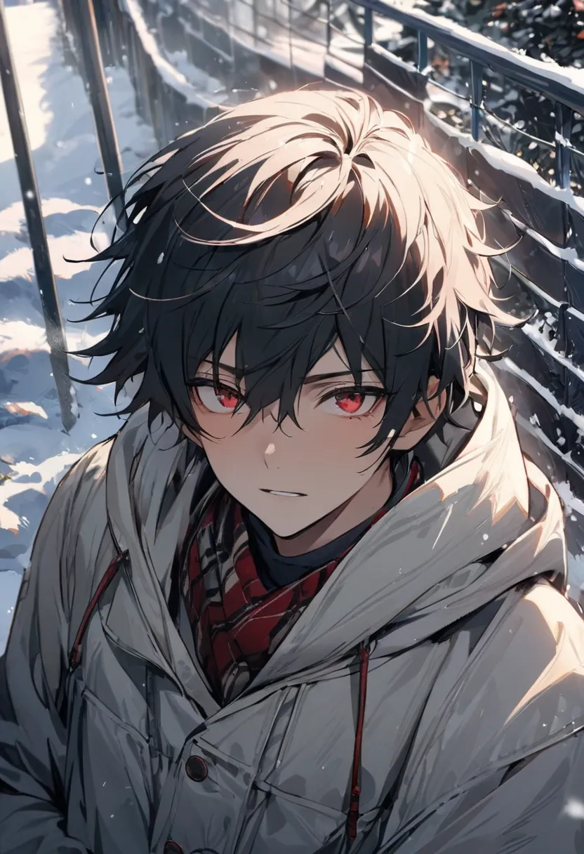 masterpiece, excellent quality, man ,  male gender, black hair ,  short hair ,   Attractive face,  Very detailed face     , Age 15  ,  red eyes   ,  in winter , Alone