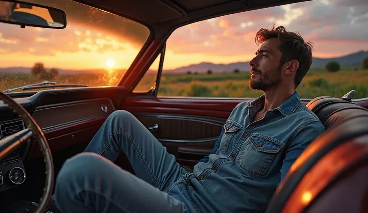  man wearing a jeans shirt  aur wo ek mustang car car ke andar so hua hai sunset day view 
