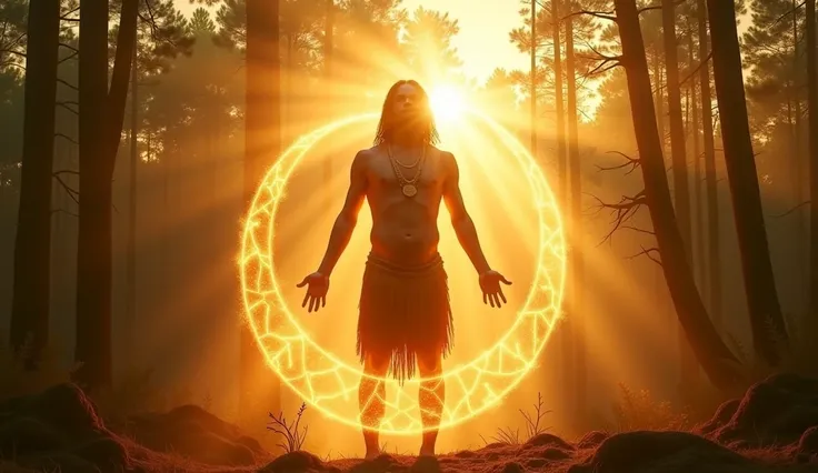 A spiritual vision of an indigenous man, with a semi-transparent, glowing body, rising in a spiral of golden light. In the background, the forest shines softly.  realistic photo