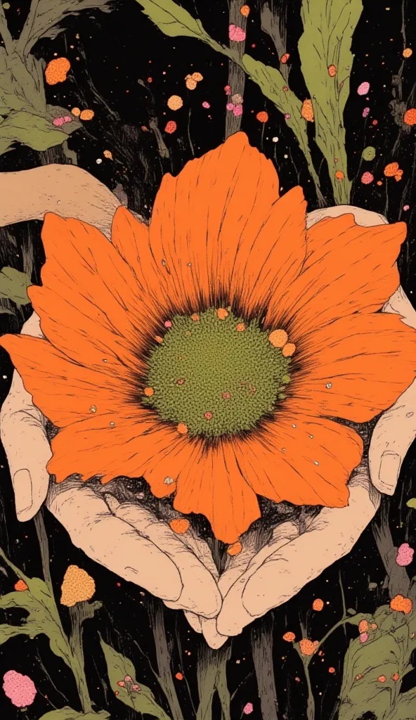  There is a orange-colored flower with green spots in she hand.