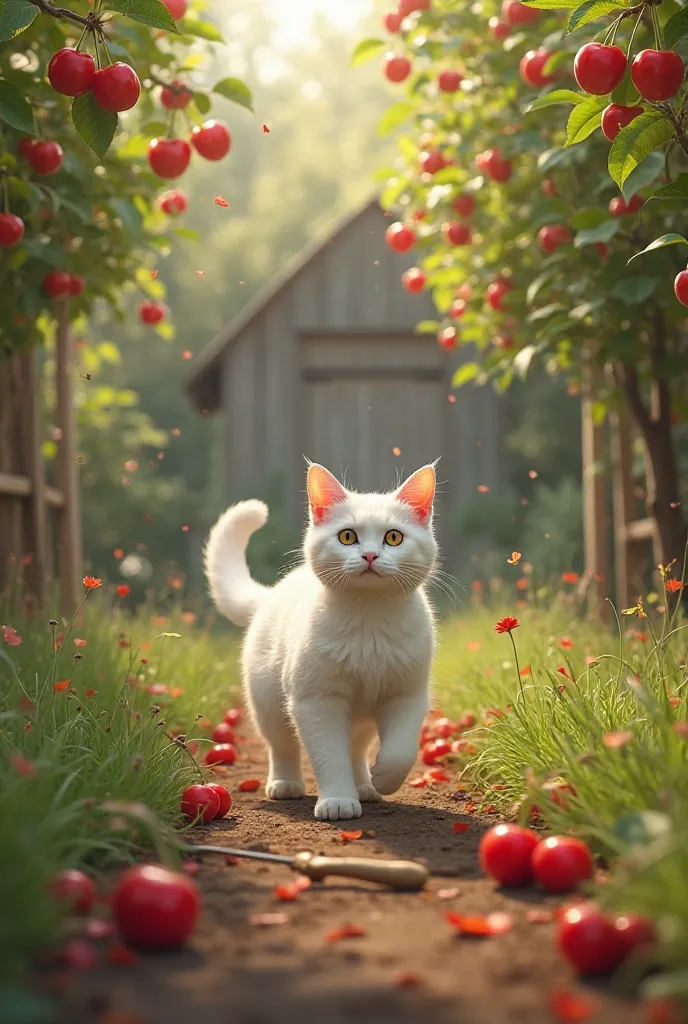 The white cat would go into the farmer's garden every day, pick cherries, and eat them there. The farmer became very tired of it.