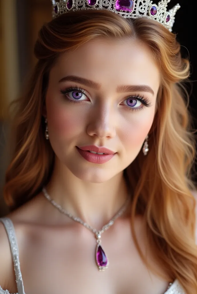 Flawless skin, with strawberry blond hair and vivid, distinct violet irises, bright purple eyes, intricate detail, sly smile, beautiful purple diamond crown, princess, pretty oval face, 18 years old wearing royal style white dress with full lush pink lips ...