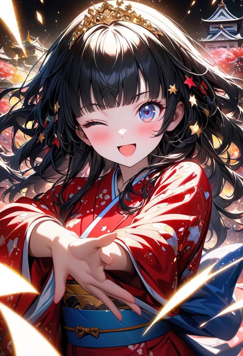 ((Red kimono with gold heart pattern, winking))), ((Cute Japanese girl, Anmitsu Hime, Hime cut with long back hair, black hair, blue sash, gold tiara, lots of star-shaped hair ornaments, excited look, cute pose, looking at camera, happy expression, lively ...