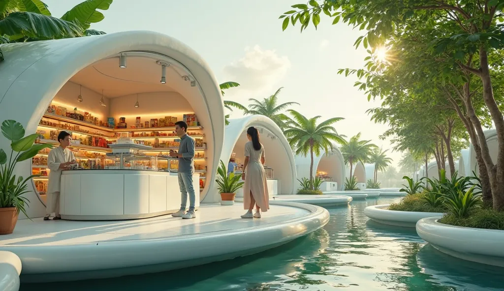 Ultra-detailed close-up at 2 Chinese s (techwear with blue jeans) selecting organic bubble tea. in a curvilinear, minimalist futuristic convenience store (sleek white composite/glass) floating on a flat white raft with green anti-slip floor in a sustainabl...