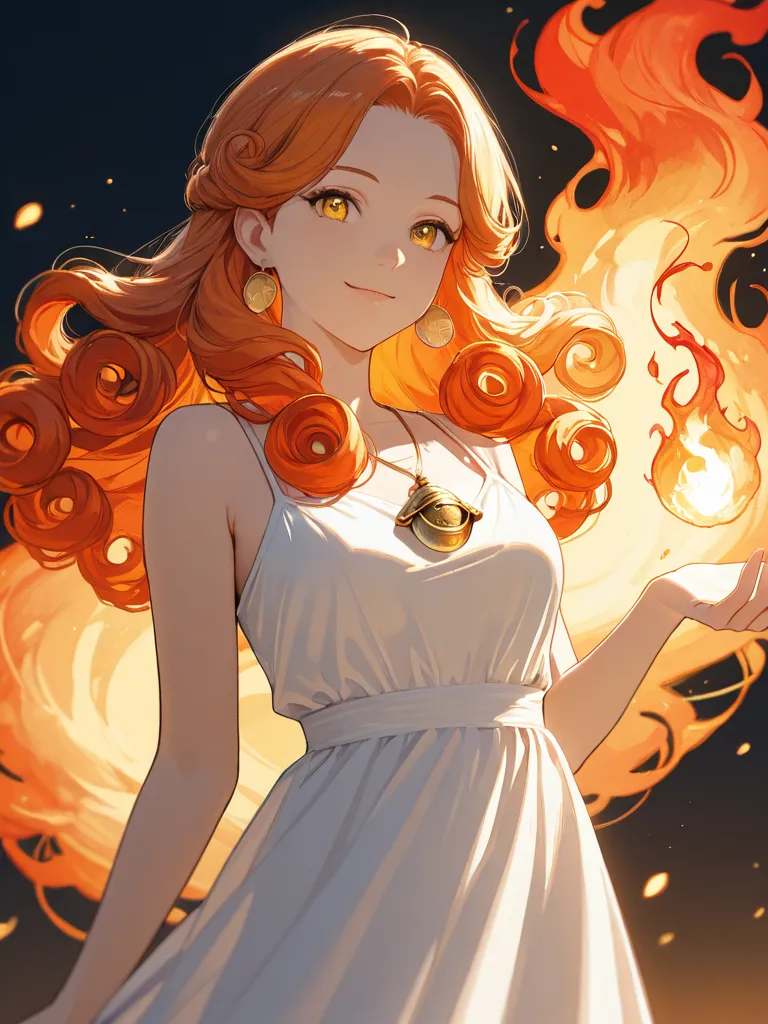 model: female in her 20s. hair style: long and curly. hair the colors of flame. eye color: golden eyes. accessories: golden locket. clothing: white sundress