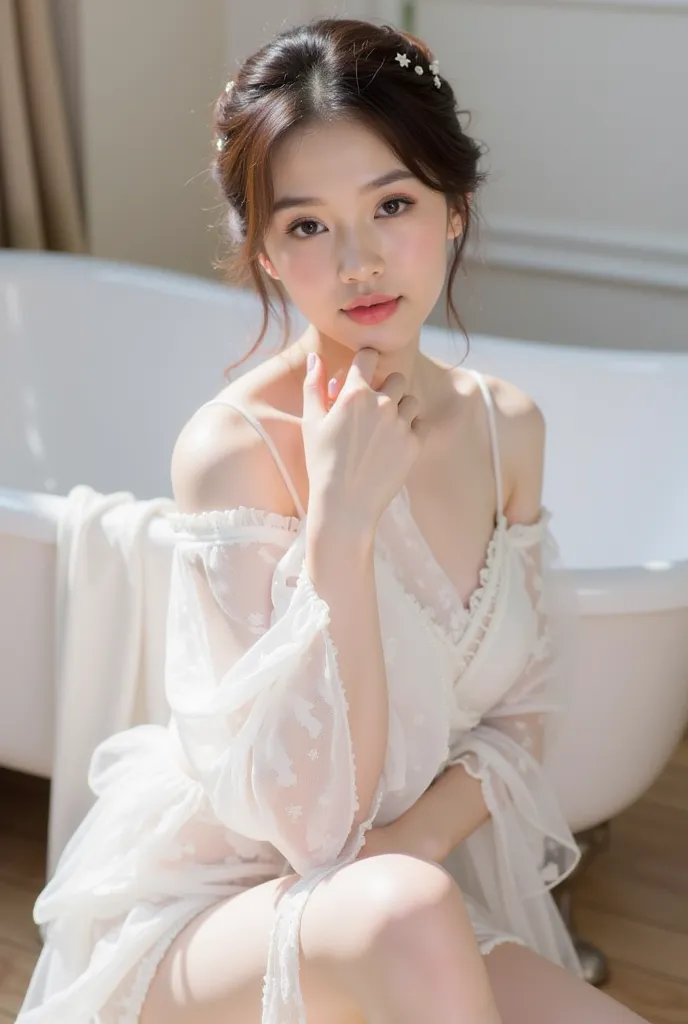 a young woman sitting elegantly on the edge of a white vintage bathtub. She is wearing a delicate white lace outfit with sheer, flowing sleeves, and the fabric drapes gracefully onto the floor. Her hair is styled in a loose, elegant updo adorned with small...