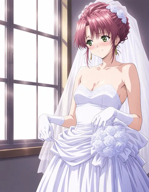 houjou_marina(Adam_TDF), one girl, Alone, (cowboy shot), earrings,  green eyes, 赤い髪, pink hair, short hair, small breasts, cleavage, (Wedding Dress), (shy:1.1), (blush), (smile), (I'm fascinated:1.1), ( sexy pose), ( wedding venue from the window),  score_...