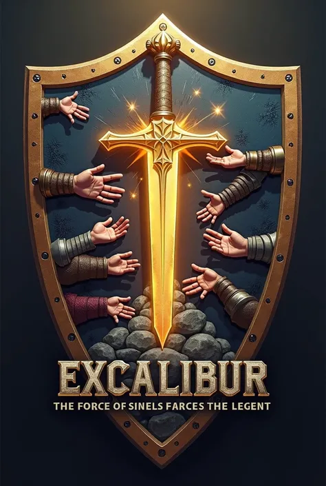 Create a stylized and imposing shield for the Excalibur alliance, do jogo DC Dark Legends, following a modern and aggressive style.  The design must transmit force , union and overcoming, depicting determined warriors trying to remove a legendary sword set...