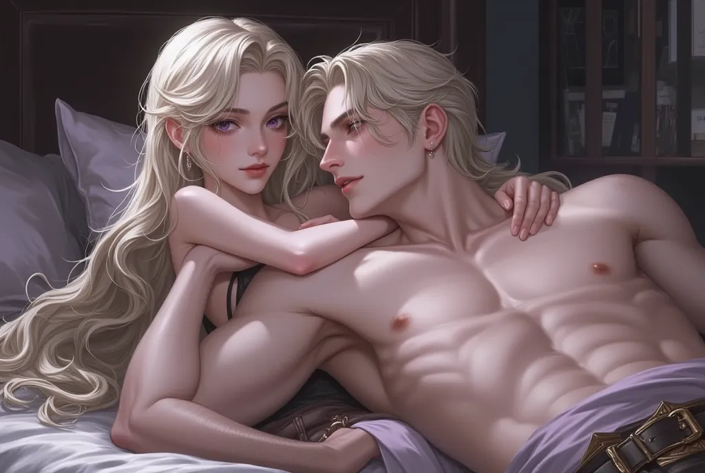  A handsome sexy naked Targaryen man with long platinum blond hair lies on the bed,  and a beautiful naked girl sits on top of him in the cowgirl position and has sex . purple eyes,  realistic anime, has passionate sex without clothes 