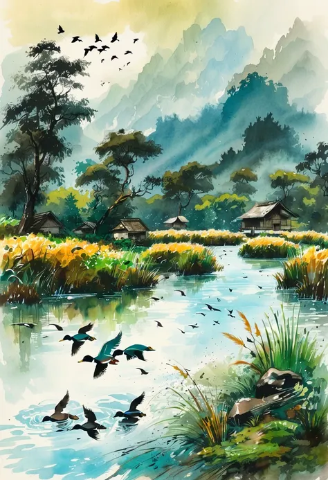  ink painting： ink painting，A wild duck follows a flock of ducks，Fly through the alpine jungle，migratory