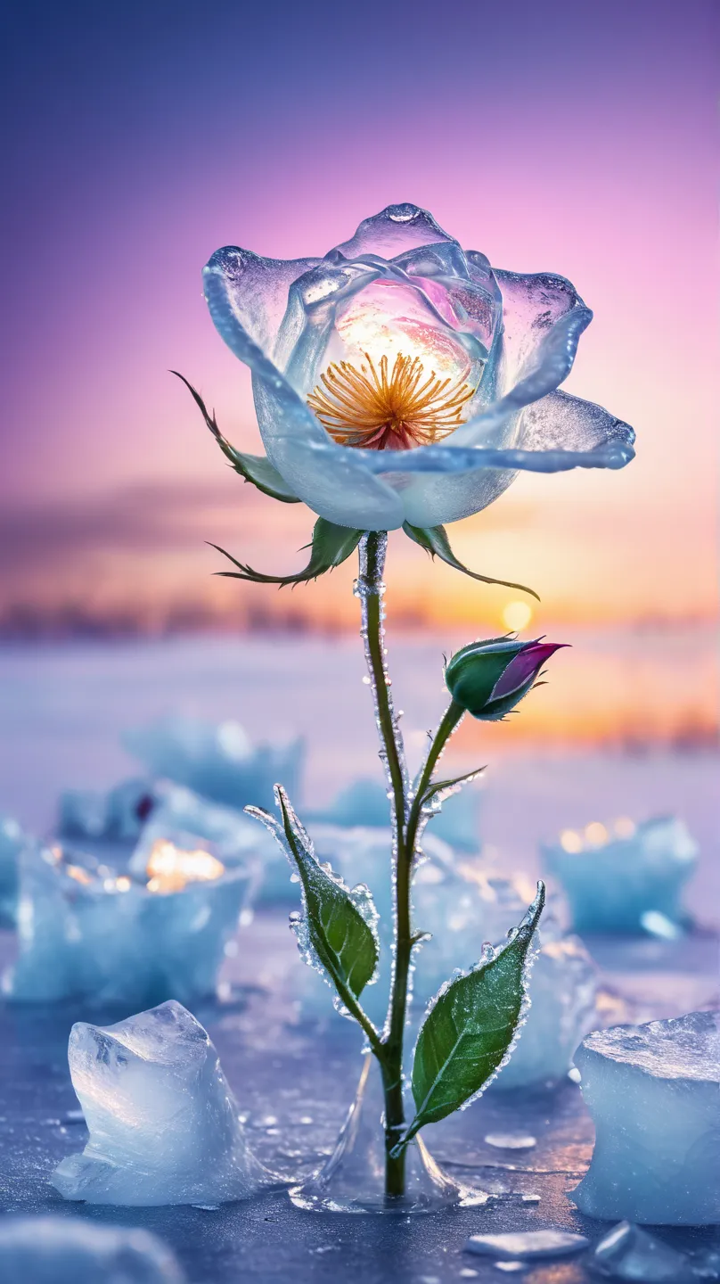 Ice Land、Ice Rose、Seven Colored Ice Butterflies Flying Around the Flower、Little Bird of Ice、 Snowflakes、 auroras、glitter effect,  lens flare, background blur, Gradation、