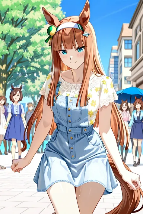 Silence Suzuka（Uma Musume）clothing　floral blouse, denim jumper and white flared skirt　Stroll around the city