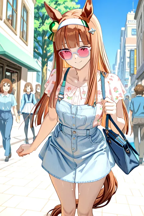 Silence Suzuka（Uma Musume）clothing　floral blouse, denim jumper and white flared skirt　Stroll around the city