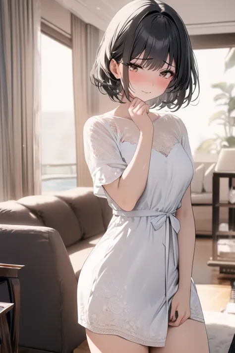 top quality, masterpiece, High Resolution, 8k, (1 girl ), Alone. sexy, (cowboy shot), (A neat and cute white dress),  black short hair , Mature Woman, (((Anxious face))), living room