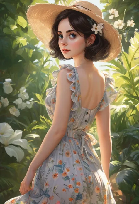 Adorable, Woman,big-eyed woman, round face. promenent lips. Smileing,In the garden,Her hands are behind her...., , large ass, wearing a cute sun dress. Picture from the side,looking at the scenes, intense colors, Very valuable details, complex details, vol...