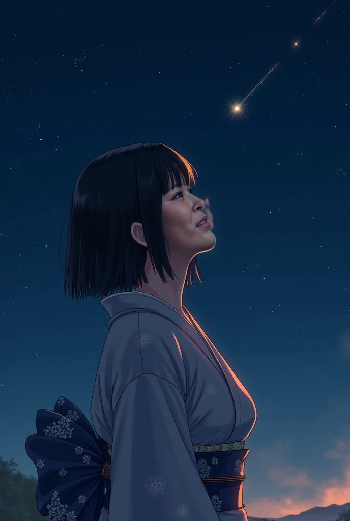  looking up at the night sky。 shooting star。 black hair。short bob。Big Breasts。yukata。young woman。