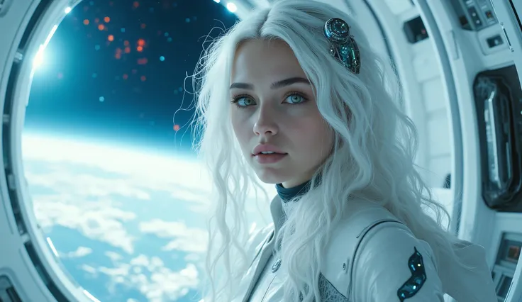 Hyperrealistic scene, with maximum detail and high resolution, futuristic scene, create a brunette woman with green eyes, feminine innocent face, hyperrealistic natural face, her hair is long, curly and white, she is wearing a futuristic design outfit with...