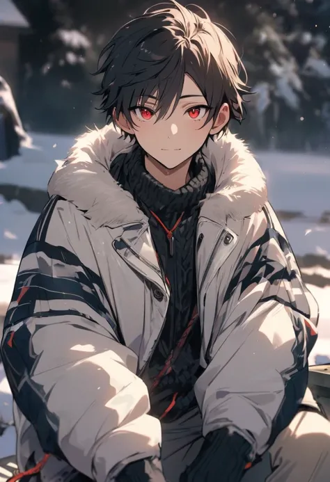 masterpiece, excellent quality, man ,  male gender, black hair ,  short hair ,   Attractive face,  Very detailed face     , Age 15  ,  red eyes   ,  in winter , Alone ,  cheerful look  