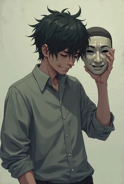 Anime 2D Man crying onehand hold a smiling mask