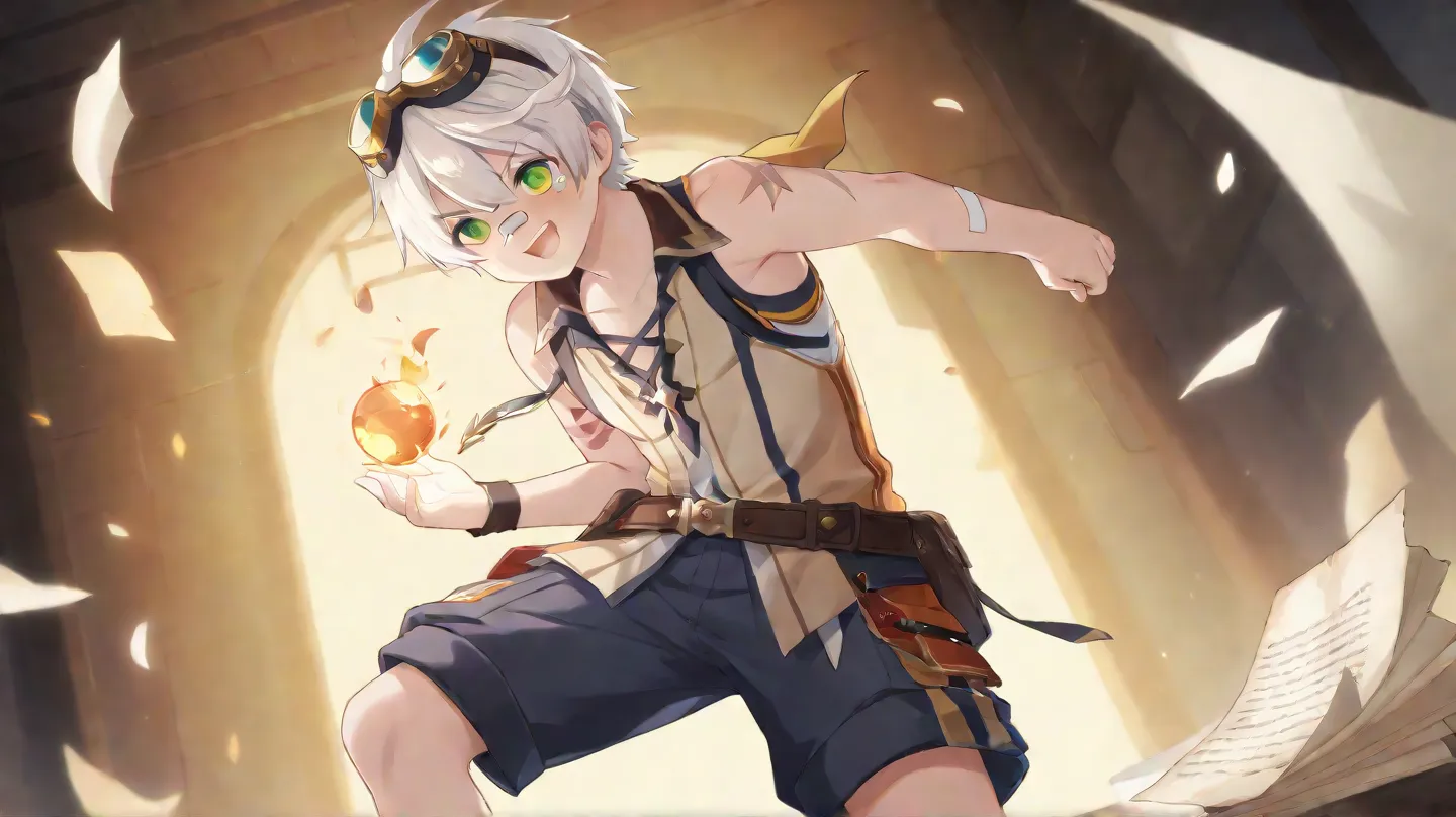 (masterpiece, best quality), 1boy, bennett,green eyes,white hair,hair between eyes,short hair,bangs,googles,goggles on head,bandaid,bandaid on face,bandaid on nose,sleeveless,scar,scar on arm,shorts, happy expression, bandage on head, holding glowing ore, ...