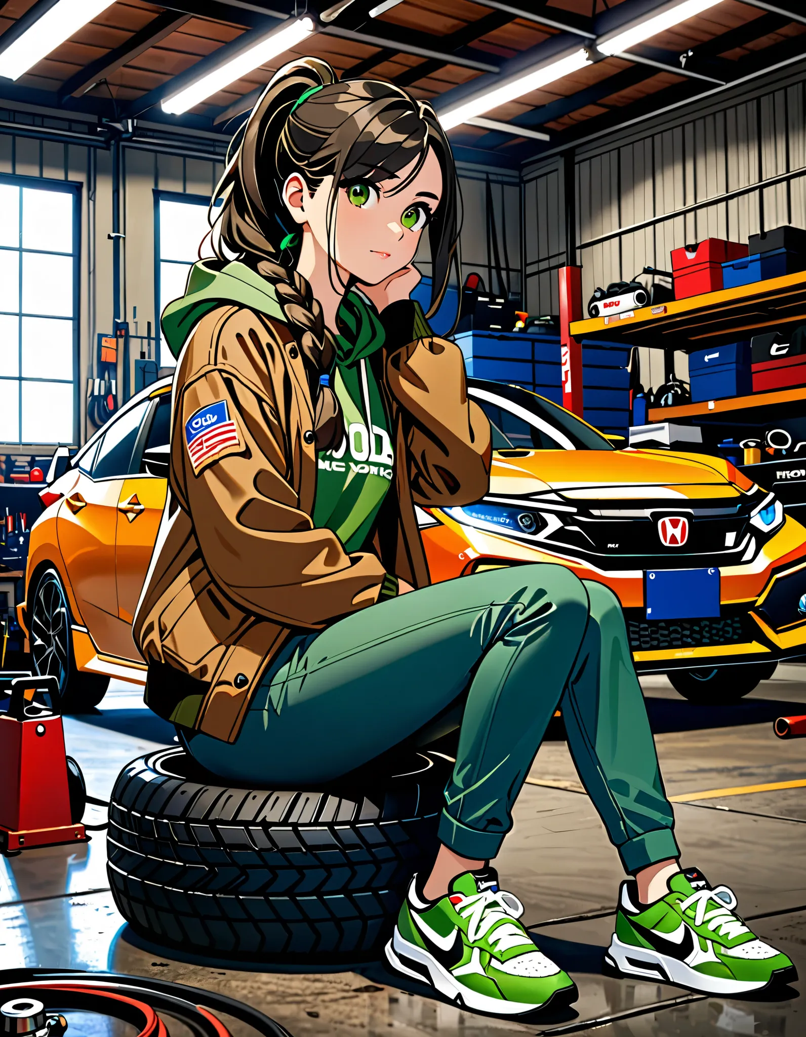 materpiece, best quality, high res, highly detailed, 1girl, Alone, black hair, long hair, ponytail, braid, swept bangs, olive green eyes, brown bomber jacket, green hoodie, blue pants, sneakers, mechanic, new york, garage, indoors, googles on neck, 2024 ho...