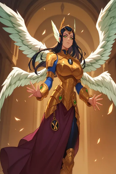 1girl, Black hair, long hair, green eyes, green eyes, armor, angels wings, 4 wings, face human, Huge breasTs, 5 dedos, long sleeves, blue sleeves ben10, insignia, 5 fingers, big breasts