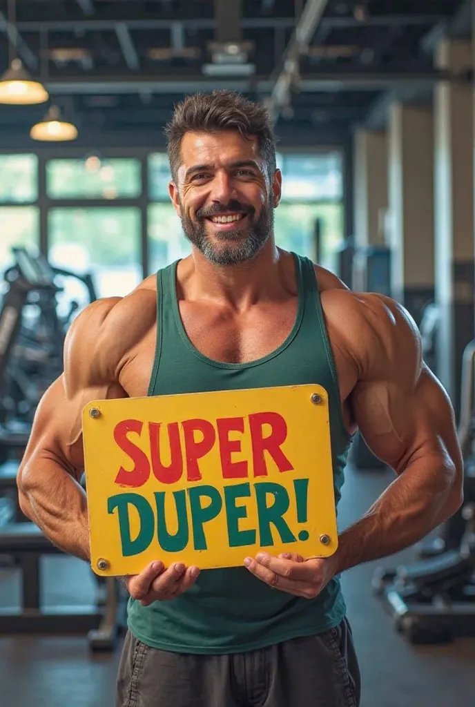 Meme of a Mexican guy at the gym with a sign that says super duper