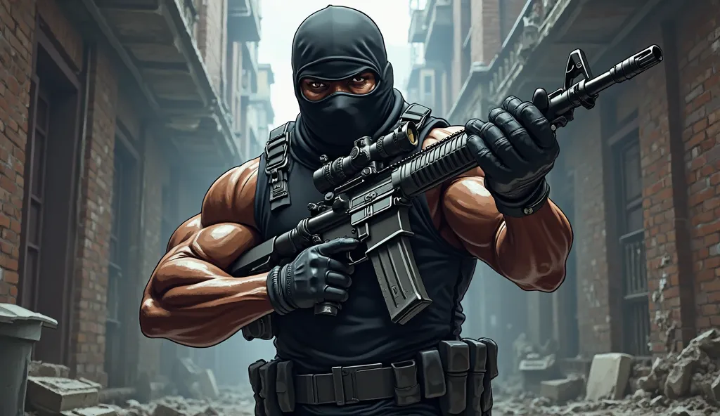 (Cartoon) rifle Black man with balaclava in the alley, holding an M416, maximum precision in the details,  perfect body, great features , perfect environment .