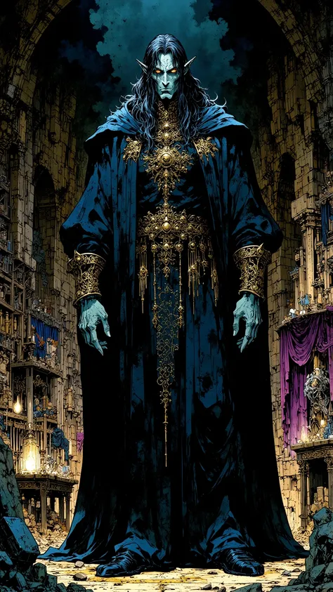  masterpiece, 8K cinematic comic style by Bernie Wrightson and Mike Mignola, full body, Sylarion is a tall, pale elf, with golden eyes and disheveled black hair. He wears a black robe embroidered with arcane symbols and carries a pulsating obsidian medalli...