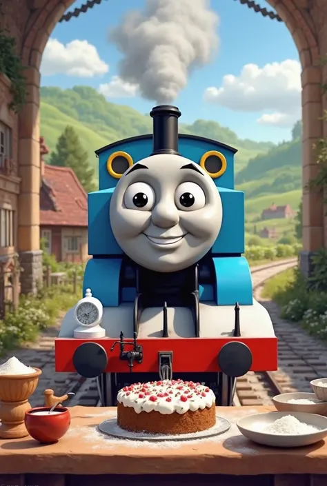 Thomas train making cake