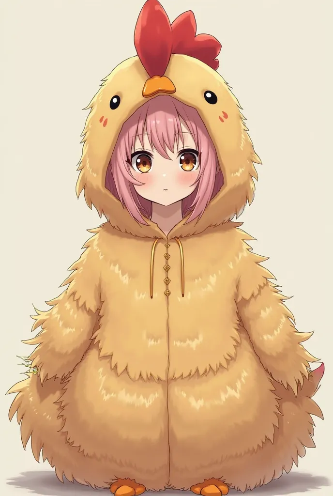 a photography of a loli anime girl with soft pink hair, with brown eyes, a serious expression on her face, in a big chicken costume