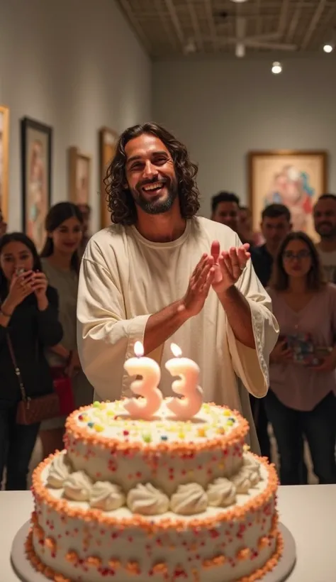 Jesus standing in a modern art gallery, clapping and smiling at a birthday cake with candles shaped as number 33 displayed as an art installation, dressed in contemporary casual clothes, surrounded by surprised museum visitors taking selfies with him, ultr...